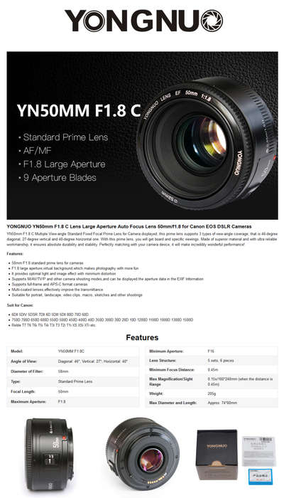 PRIME LENS - Yongnuo YN 50mm f/1.8 50mm Lens for Canon EF - Fits Canon DSLR Cameras yn50mm